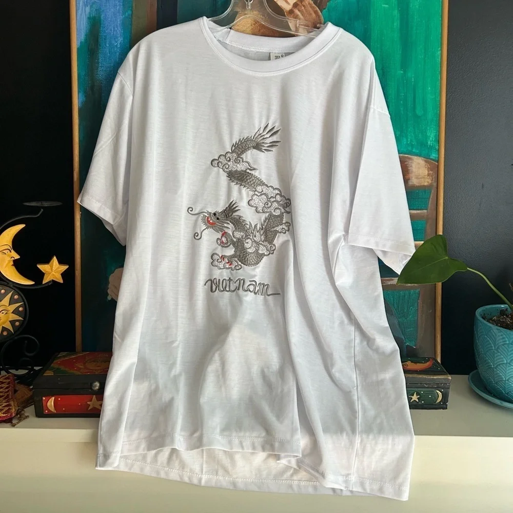 Vietnam Dragon Embroidered T-Shirt White Cotton Graphic Tee Men’s 3XL Travel - Picture 2 of 11